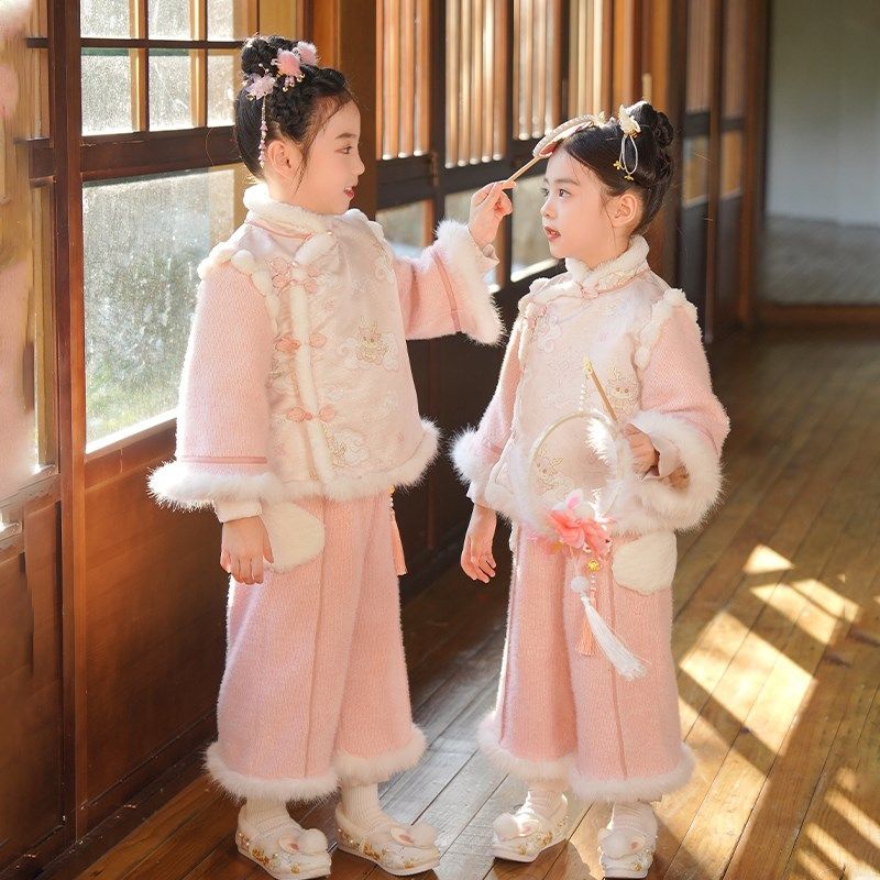 汉服女童秋冬款儿童古风超仙加绒加厚保暖L裤子套装女孩过年拜年