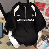 300斤美式 潮牌半拉链短袖 t恤男女夏季 大码 新款 设计感拼接情侣上衣