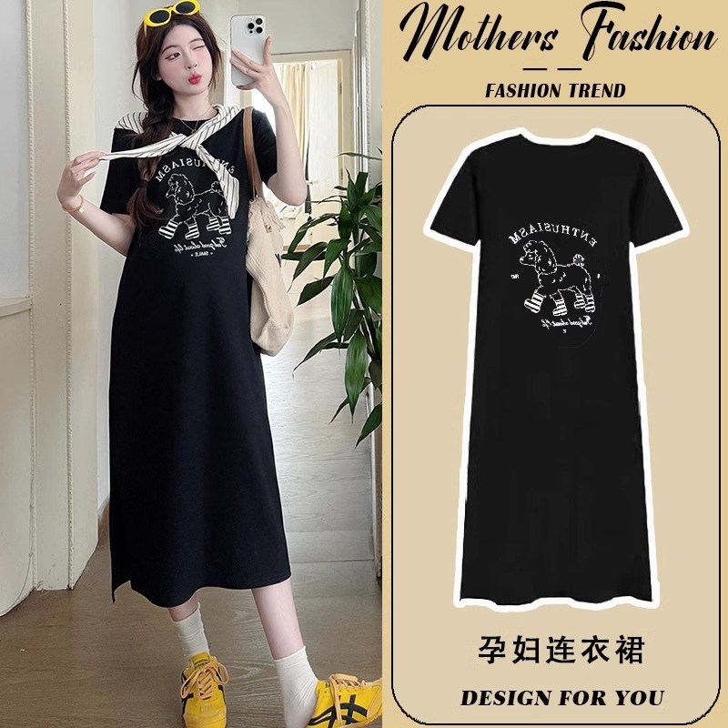 孕妇连衣裙夏季2025新款宽松休闲黑色短袖遮肚显瘦中长款t恤裙女
