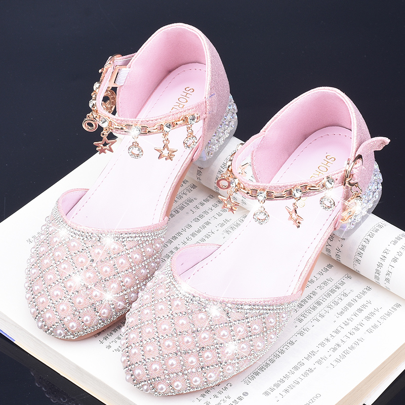 银色女童bb表演鞋春秋皮鞋小模特走秀鞋礼服鞋儿童高跟鞋公主水晶