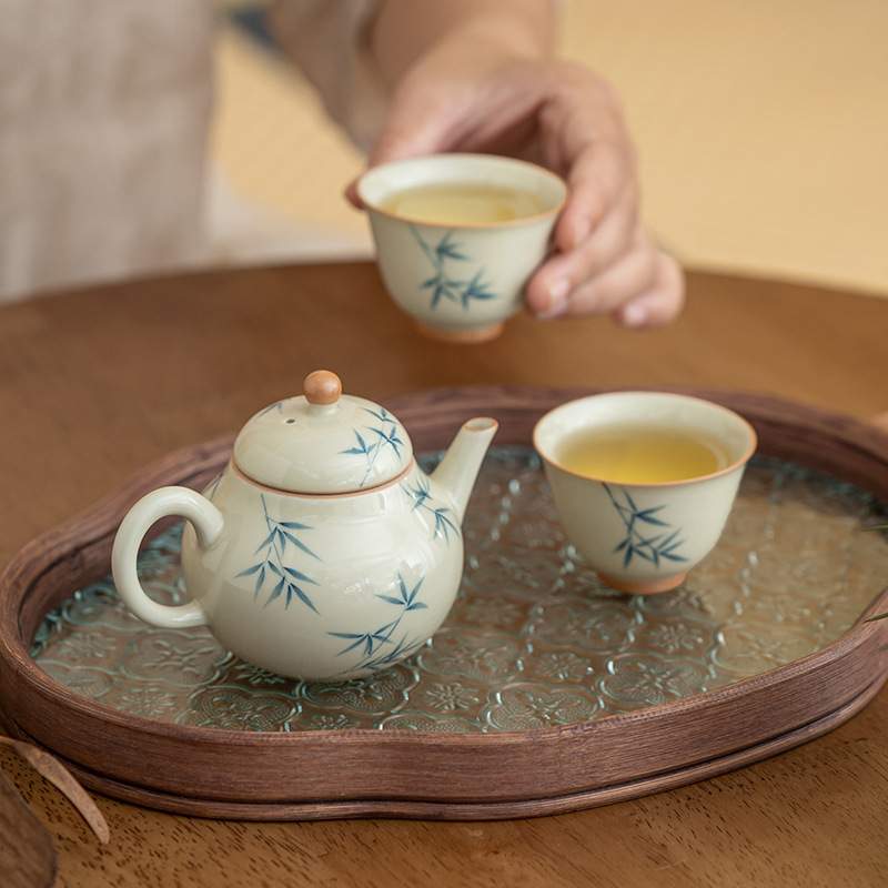 冰台手绘竹子茶壶新中式梨壶手绘陶瓷家用茶具仿古功夫泡茶器
