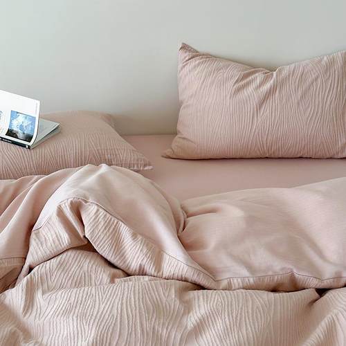 A类全棉提花肌理高级感四件套简约纯色纯棉床品民宿慵懒被套裸睡