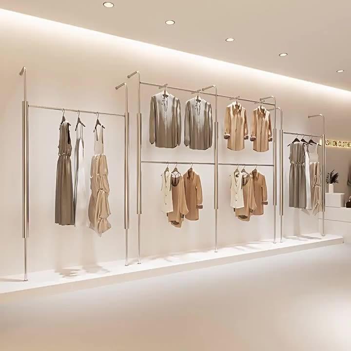 不锈钢上墙展示架服装店双层男女装顶天立地货架陈列道具挂衣架子