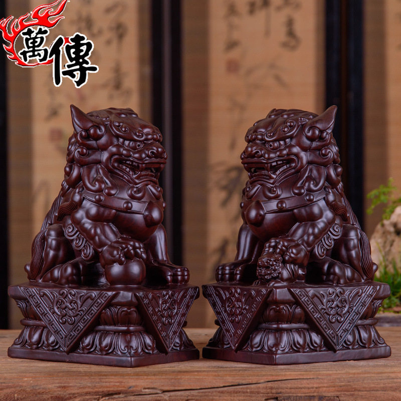 木雕狮子摆件一对雄狮实木雕刻质家居门口客厅创意装饰摆设工艺品