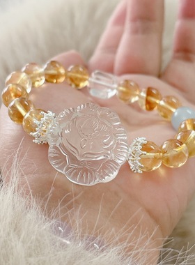 天然白水晶花苞狐搭配黄阿赛女款单圈手链批发 白水晶凤九手串