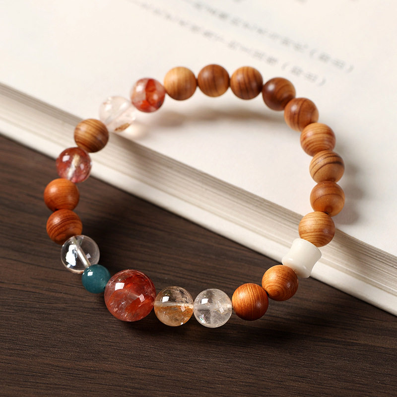 国潮腕香陈化崖柏搭胶花双圈蓝水跑环手串民族风男女款百搭手链