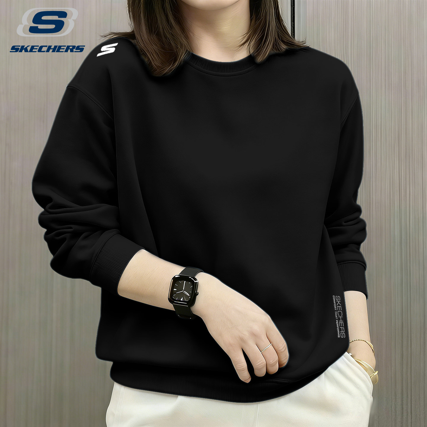 斯凯奇运动卫衣女春季新款黑色棉质透气圆领上衣宽松休闲长袖T恤