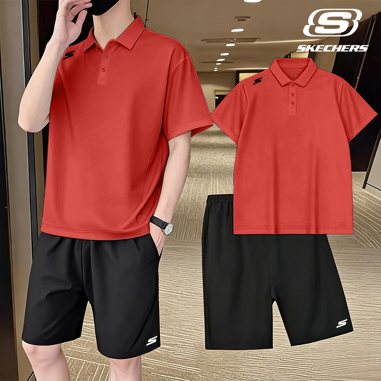 斯凯奇爸爸夏装短袖t恤男士夏季新款冰丝速干polo衫休闲运动套装