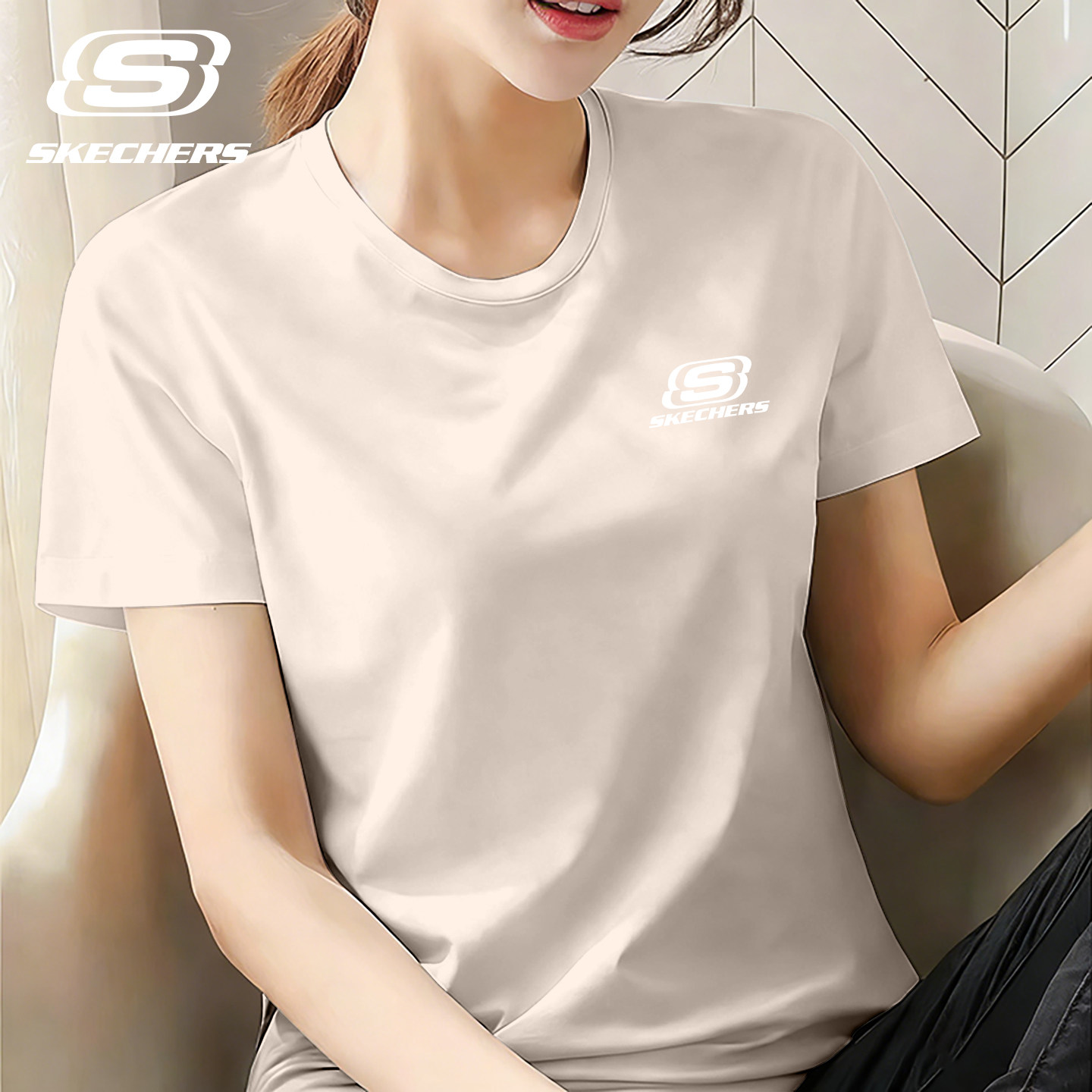 斯凯奇女士短袖夏季新款大码显瘦纯棉T恤休闲纯色洋气半袖运动服