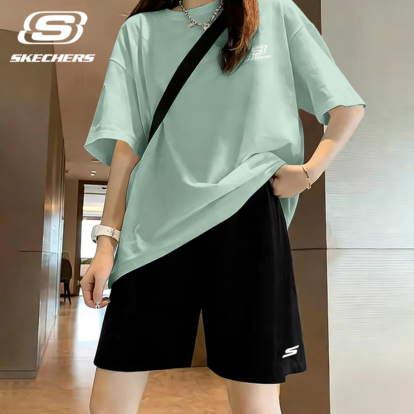 斯凯奇休闲套装女2026新款夏季品牌正品短袖棉t恤短裤简约运动服