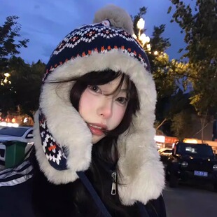 费尔岛风毛绒雷锋帽子女生冬季加厚保暖护耳毛线帽东北防寒套头帽