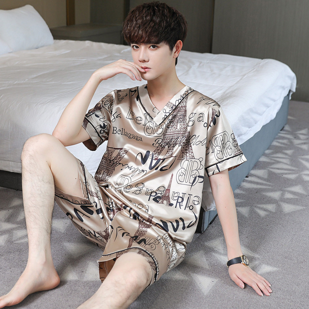 睡衣男款夏季冰丝绸短袖加大码韩版青少年休闲薄款两件套装家居服