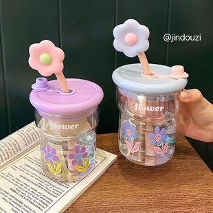 高颜值玻璃杯500ml印花带刻度杯家用喝水杯吸管杯情侣杯牛奶杯