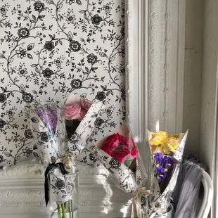 黑白小碎花客厅简约背景墙植物卧室轻奢壁纸民宿饭厅复古墙布 美式