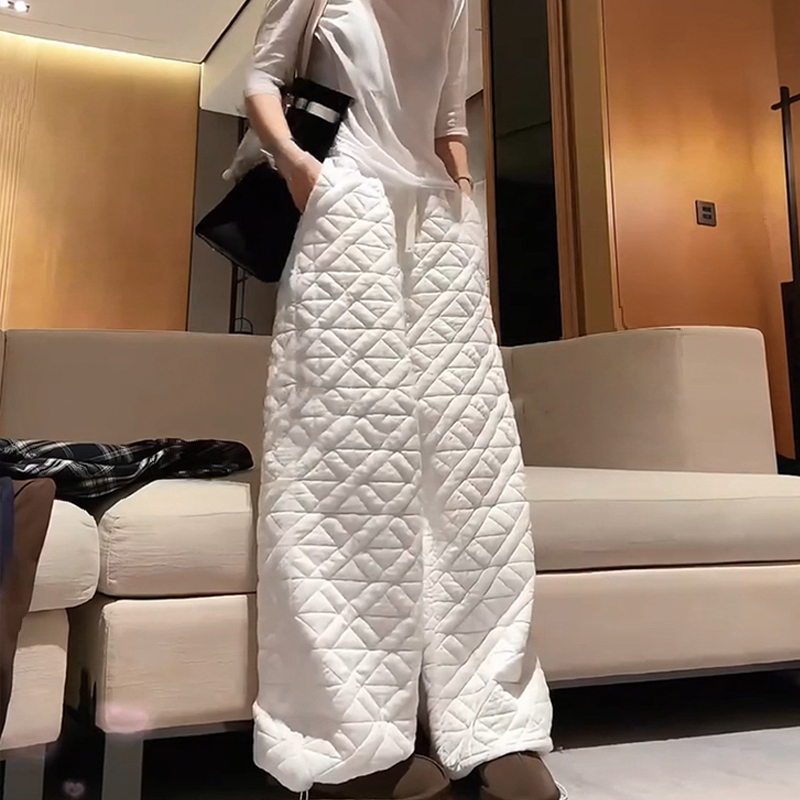 菱格夹棉羽绒棉女2025不规则宽松复古时尚高级松紧腰休闲显瘦长裤