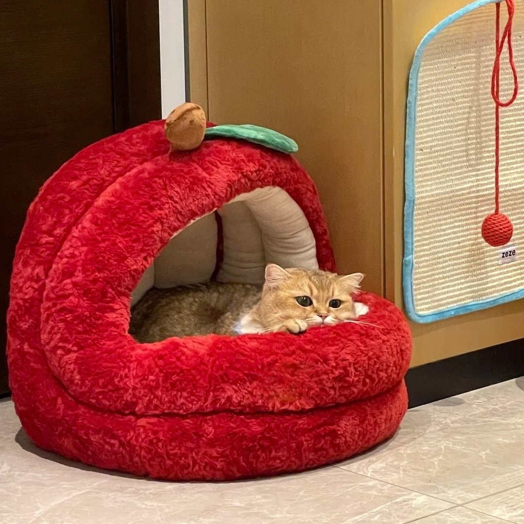 可爱苹果造型猫窝冬季保暖毛绒宠物窝安全屋半包猫咪睡觉窝红色,宠物/宠物食品及用品,猫窝/屋/帐篷/沙发,淘宝优惠券,粉丝福利购,淘宝优惠卷