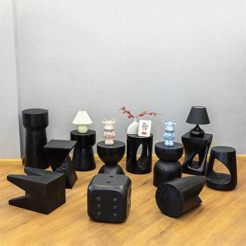 碳化黑圆形异形矮凳子根雕木墩置物架诧寂风原木树墩边几名宿设计