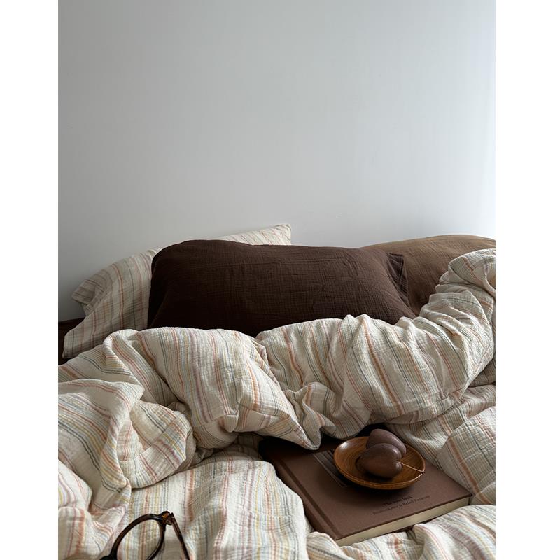 佛特蒙的六个秋天/MCM中古风双层纱布全棉床单四件套条纹被套床笠