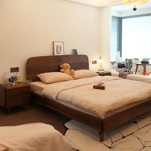 北美黑胡桃木全实木床1.8米主卧双人床北欧现代简约原木悬浮床