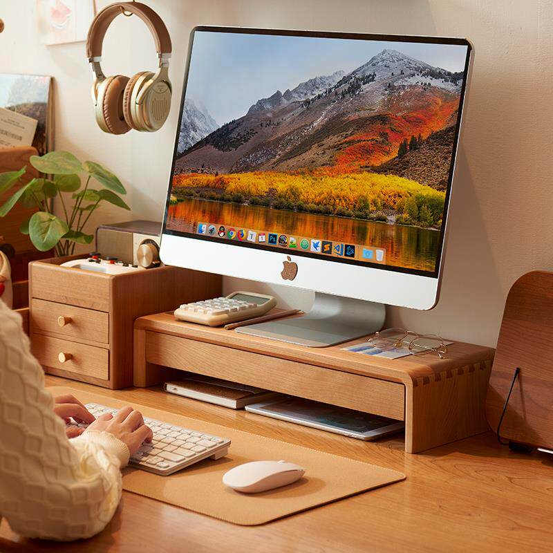 樱桃木显示器增高架带抽屉支架实木质收纳底座桌面置物架电脑托架