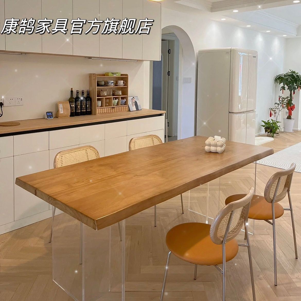 亚克力实木悬浮餐桌椅小户型原木风客厅书桌电脑桌长方形吃饭桌子