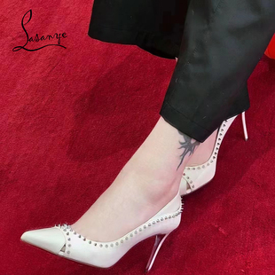 特价捡漏CL新款秋冬铆钉单鞋漆皮高跟鞋细跟透气镂空时尚法式御姐