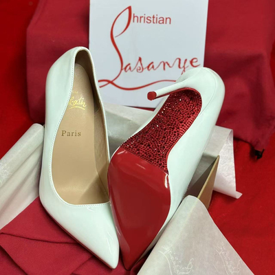 【限时限量购捡漏水钻底】12cm高跟鞋细跟白色漆皮浅口尖头单鞋女