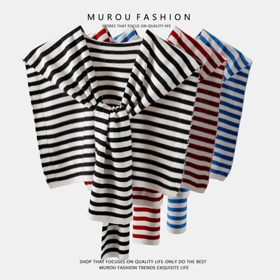 条纹披肩女春秋外搭空调房护肩两用针织围巾假领子装饰披肩