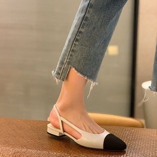 圆头气质低跟凉鞋 葡萄妈同款 小香风拼色包头后空凉鞋 法式 2025新款