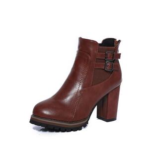 shoes women秋冬新款欧美英伦复古粗跟皮带扣短靴韩版高跟松紧女