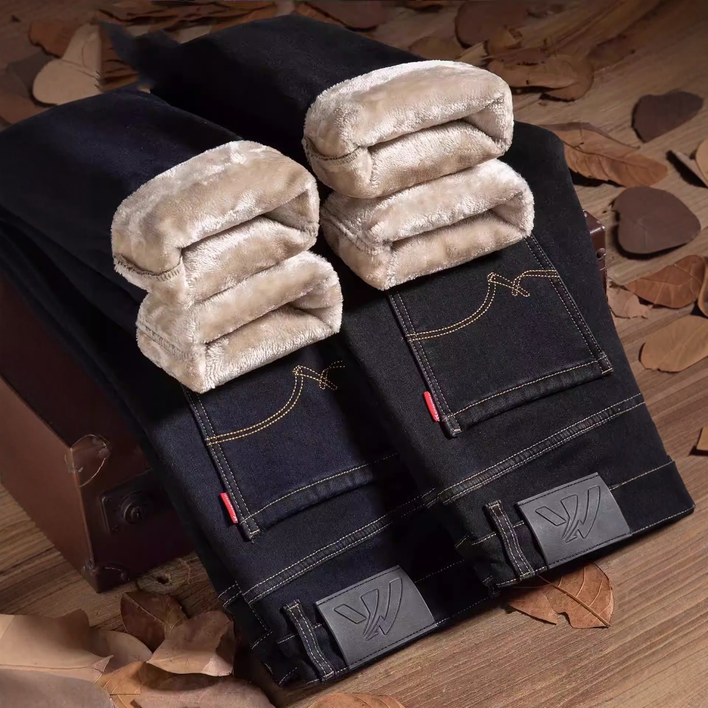 法国进口品牌高端加绒加厚牛仔裤男宽松直筒商务保暖长裤冬季新款