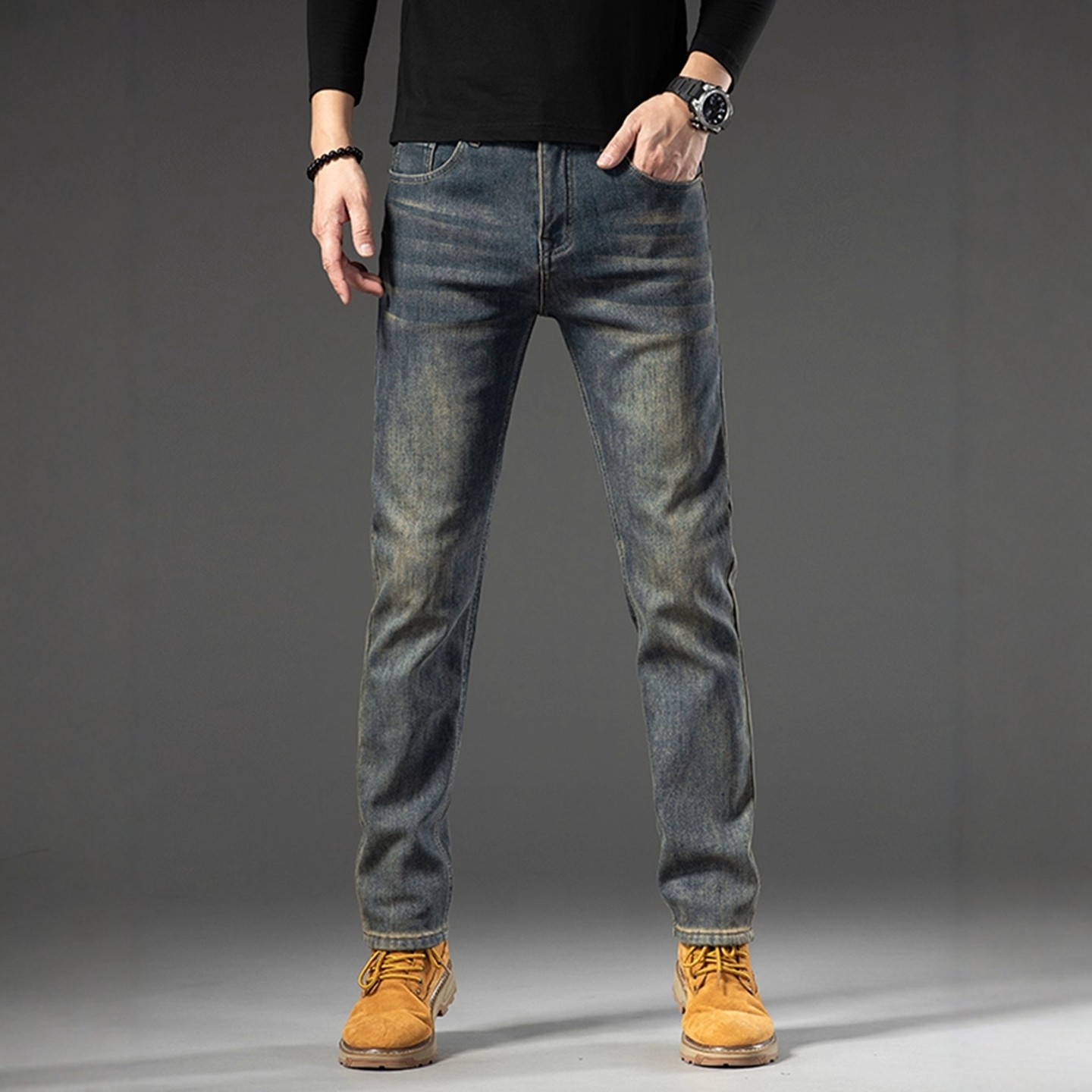 法国高端品牌复古水洗牛仔裤男加绒加厚修身直筒弹力休闲长裤秋冬
