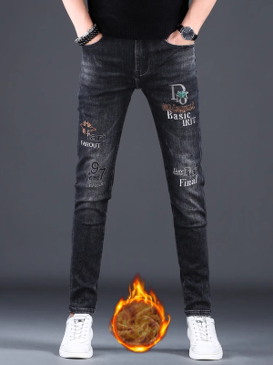 法国一线品牌刺绣薄绒牛仔裤男款新款加绒加厚男士弹力黑色长裤子