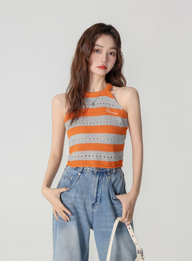 CLUB NEWS削肩彩虹条纹吊带小背心女内搭外穿挂脖式针织上衣
