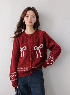 CLUB NEWS秋冬圆领毛衣女撞色蝴蝶结提花单排扣上衣甜美针织开衫
