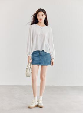 CLUB NEWS【100%棉衬衫】春秋灯笼袖衬衫简约减龄圆领长袖衬衣