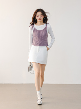 CLUB NEWS春季套装袖口双层花边拼接针织衫+吊带镂空背心两件套
