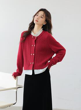 CLUB NEWS秋冬款氛围感毛衣外套圆领单排扣设计感假两件针织开衫
