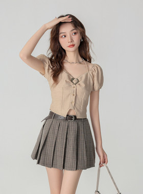 CLUB NEWS韩版复古格子半身裙女春夏装高腰显瘦A字百褶裙jk短裙