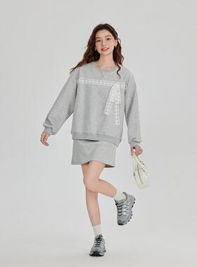 CLUB NEWS春秋可盐可甜棉两件套蕾丝拼接卫衣蝴蝶结半截裙两件套