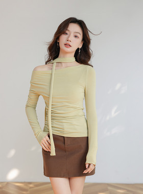 CLUB NEWS【配围脖】一字领打底衫挂脖设计感休闲长袖针织上衣