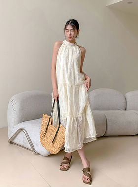 CLUB NEWS天丝连衣裙春夏挂脖式连衣裙女宽松显瘦度假风长裙子
