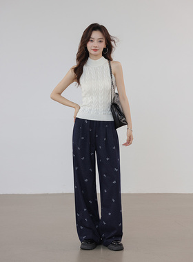 CLUB NEWS设计感松紧腰蝴蝶结印花阔腿裤女肌理感休闲裤