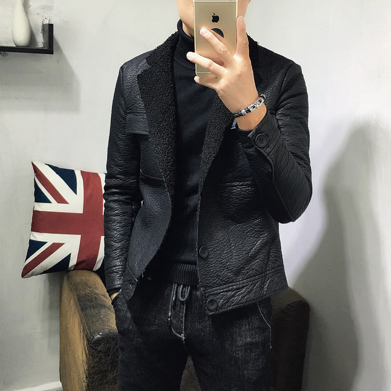 皮夹克男韩版修身潮流帅气皮毛一体皮衣男时尚西装领秋冬加绒外套