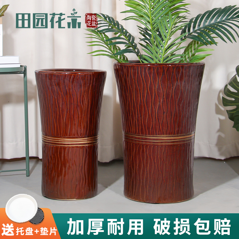 陶瓷花盆家用客厅大口径中式木纹花瓶金钱树发财树专用盆栽高瓷盆