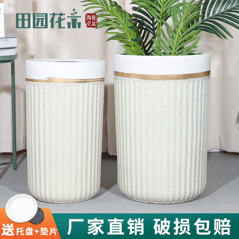 陶瓷花瓶大口径发财树专用盆高腰直筒圆柱欧式轻奢高级高度50以上