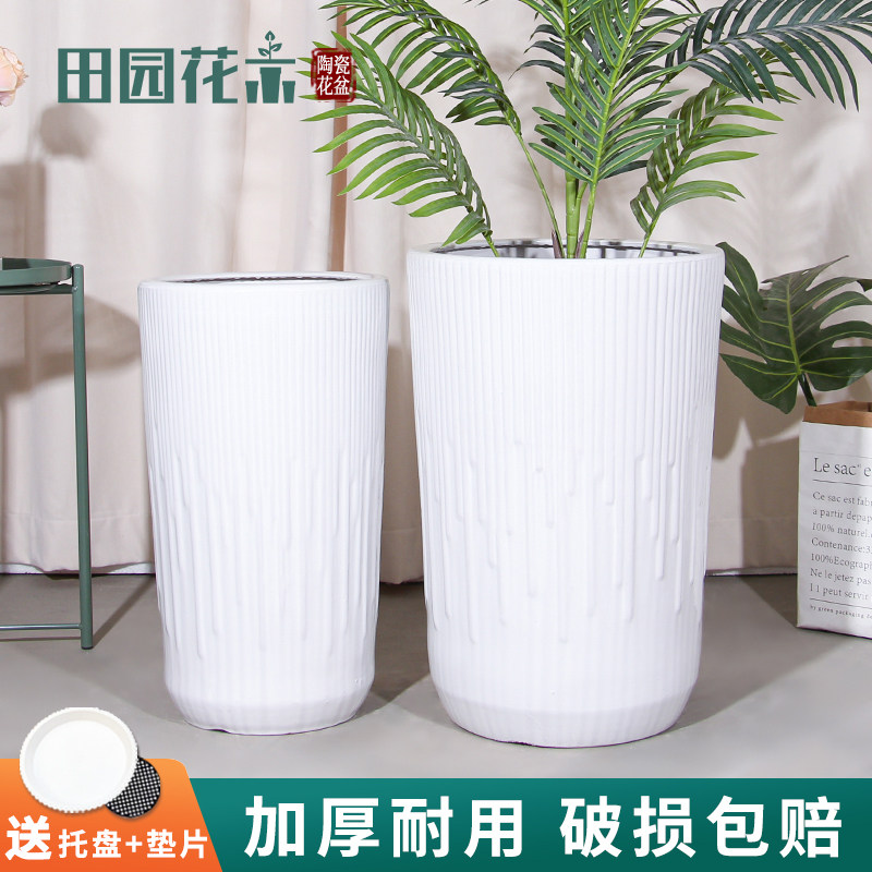 高筒纯白色陶瓷大花盆天堂鸟龟背竹客厅家用阳台发财树室内外通用