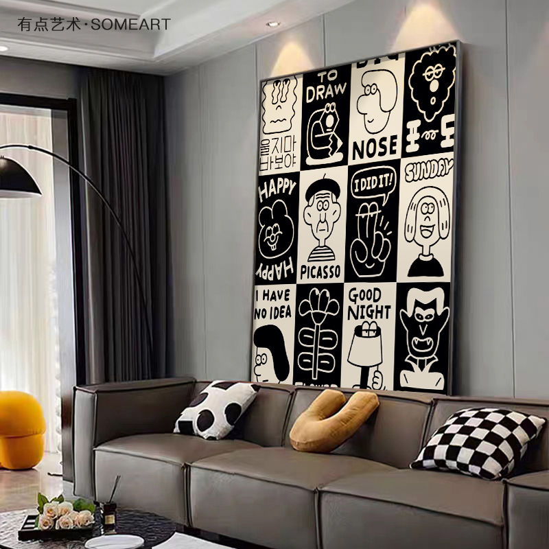 北欧风黑白灰卡通人物客厅装饰画卧室床头壁画玄关走廊挂画2025款图片
