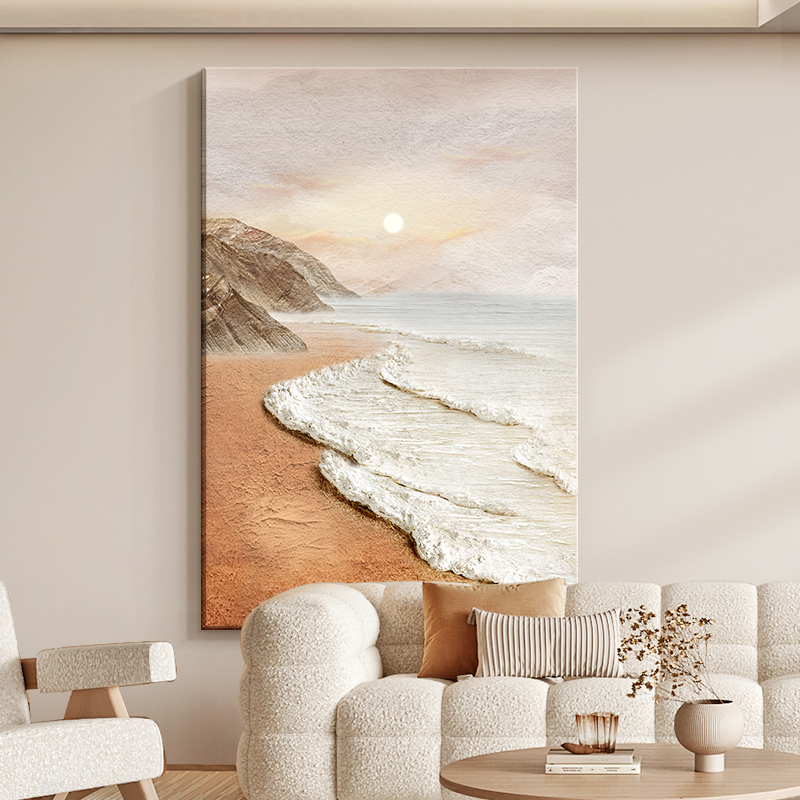 侘寂风客厅装饰画奶油肌理落地画抽象海浪沙发背景墙挂画玄关壁画