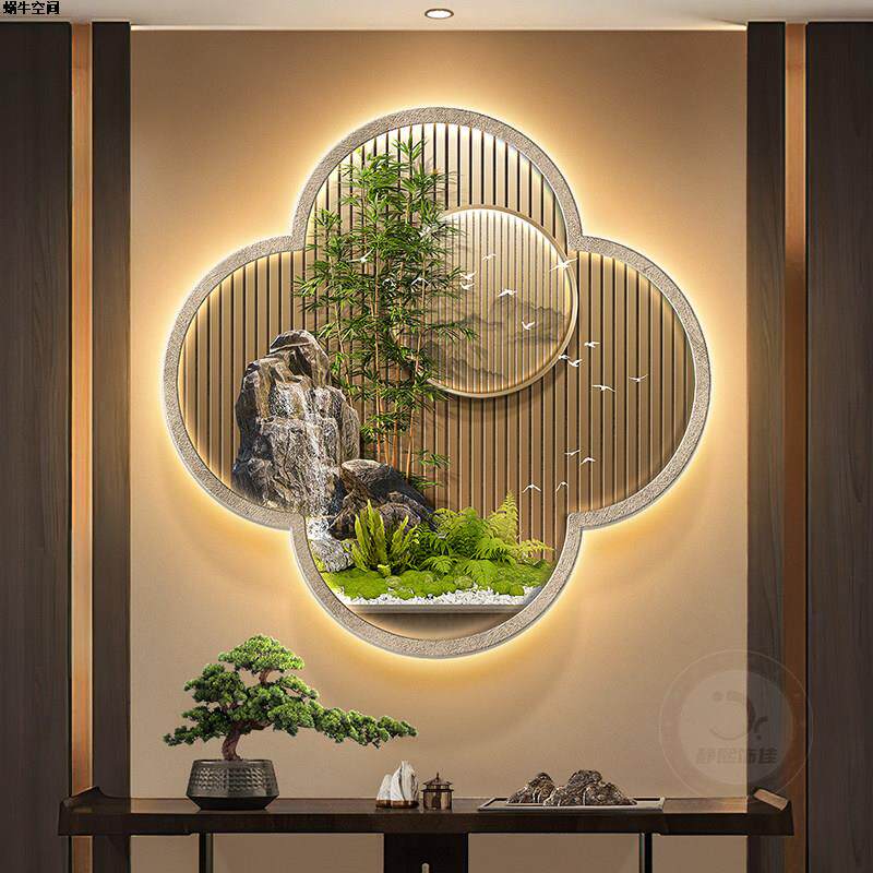 入户玄关装饰画新中式富贵竹子喝茶室馆挂画走廊道背景墙带灯壁画